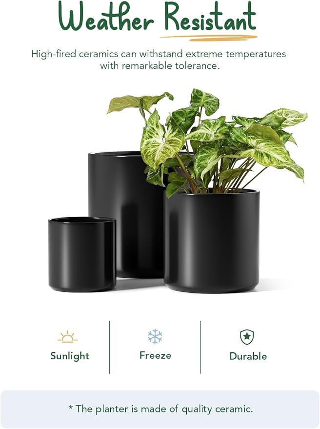 LE TAUCI Ceramic Pots for Plants, 10+8+6 Inch Indoor Plant Pots, Modern Planters for Indoor Plants Home Office, Cylinder Planters with Drainage Hole and Plug, Set of 3, Black
