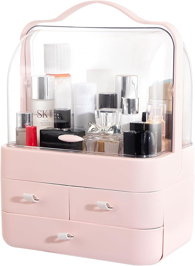 Nervure Pink Makeup Organizer - Cosmetic Storage Box with Lid - Makeup Organizer Storage Drawersr with Dust Free Cover and Portable Handle for Bathroom Countertop & Dresser & Gift