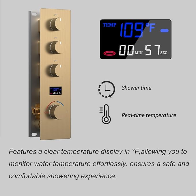 KATAIS Tempreature Display Shower System Brushed Gold Shower Faucet Set with Wall Mount 8 inch Shower Head and 6 PCS Body Jet, Handheld Spray