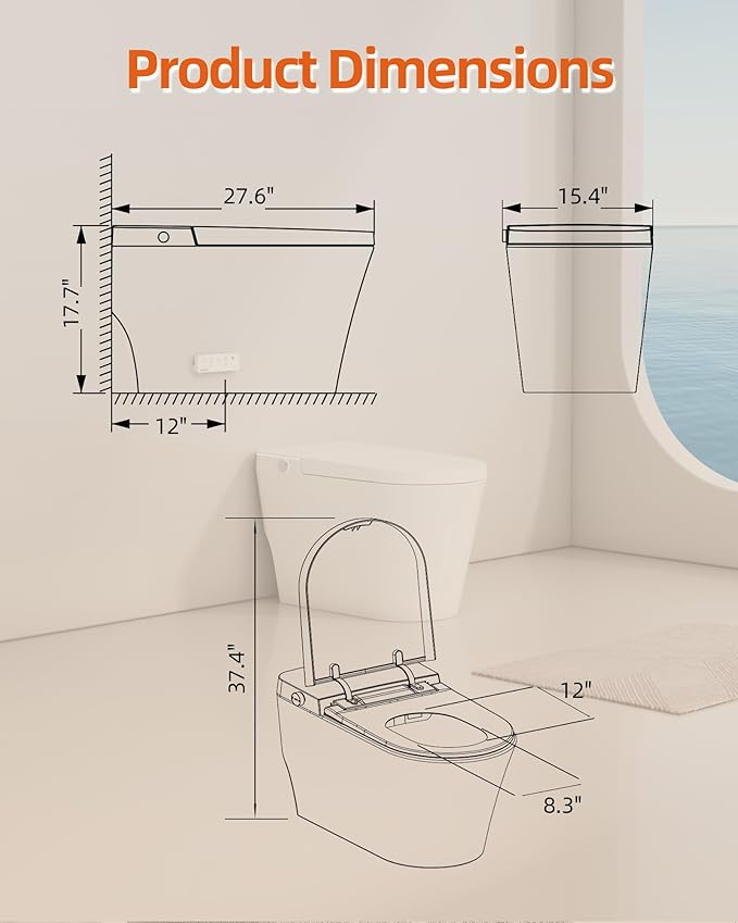Luoware Smart Toilet with Bidet Built in, Luxury One Piece Elongated Bidet Toilet with Auto Close & Flush, Foot Sensor to Open/Close/Flush, Heated Seat, Massage Wash, Night Light, Remote Control