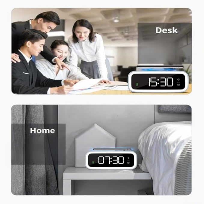 IHAO 5in1 Multi-Functional Alarm Clock with Wireless Charging 15W Fast Charger for Phone & Earbuds 3 Group Alarms, Dimmable Night Light, USB Port, Digital Clock Adjustable Light Mini Mirror QXF-805