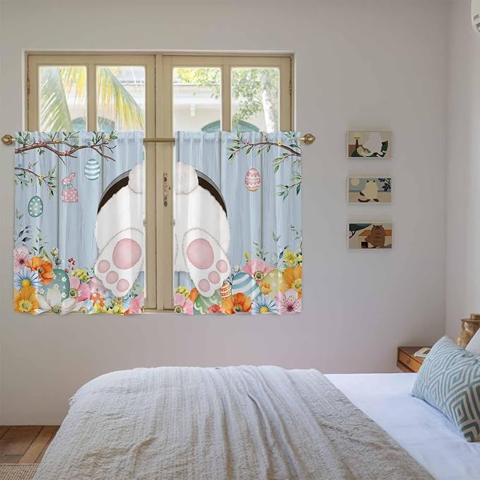 Easter Kitchen Curtains 45 Inch Long 2 Panel Set, Rod Pocket Window Treatment