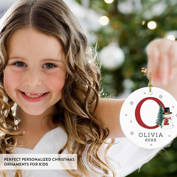 Andaz Press Personalized Christmas Ornaments, Custom Name, Initial O Monogram Snowman 2.8" Ceramic Porcelain 2025 Christmas Ornament Keepsake for Kids, Boys, Girls, 1-Pack Initial Ornaments