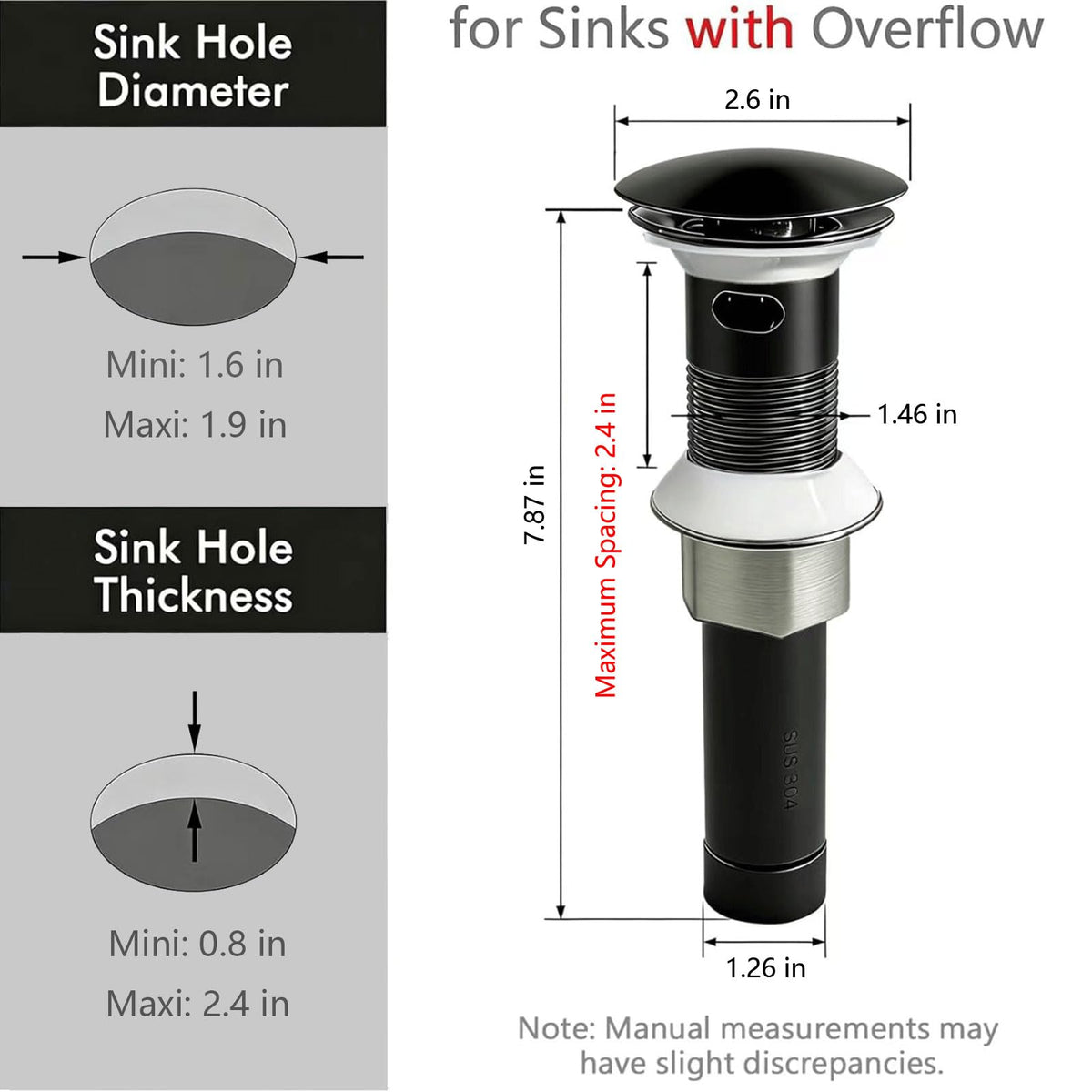 HENGDLOO Bathroom Sink Drain, with Overflow, Pop up Sink Drain Stopper with Strainer Plug for Vessel Sink Lavatory Vanity, SUS 304 Stainless Steel, Matte Black