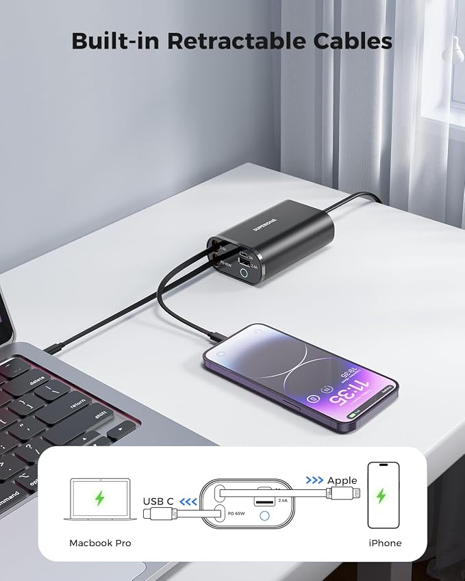 SUPERONE Retractable Charger 104W GaN Desktop Charger PD 65W for Laptop | 4 in 1 Compact Charging Station Retractable USB C &amp Apple Cables 5FT Extension Cord Fast Charging for iPhone/Pixel/Ma
