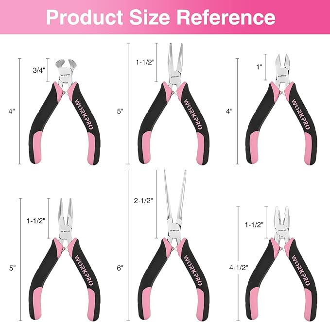 WORKPRO 6-Piece Mini Pliers Set, Needle Nose, Long Nose, Bent Nose, Diagonal, End Cutting and Linesman, for Crafts Work, Electronic Repair, with Pouch - Pink Ribbon