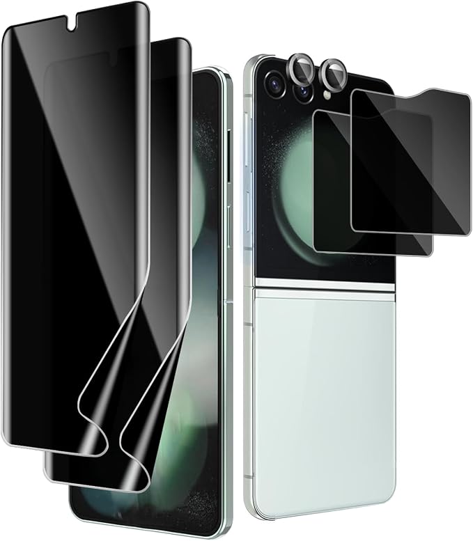 [6 Pack] for Samsung Galaxy Z Flip 6 Privacy Screen Protector 2 Pack Internal Anti-Spy Film + 2 Pack Outer Privacy Glass Screen Protector + 2 PCS Metal Camera Lens Protector Anti-Spy Case Friendly