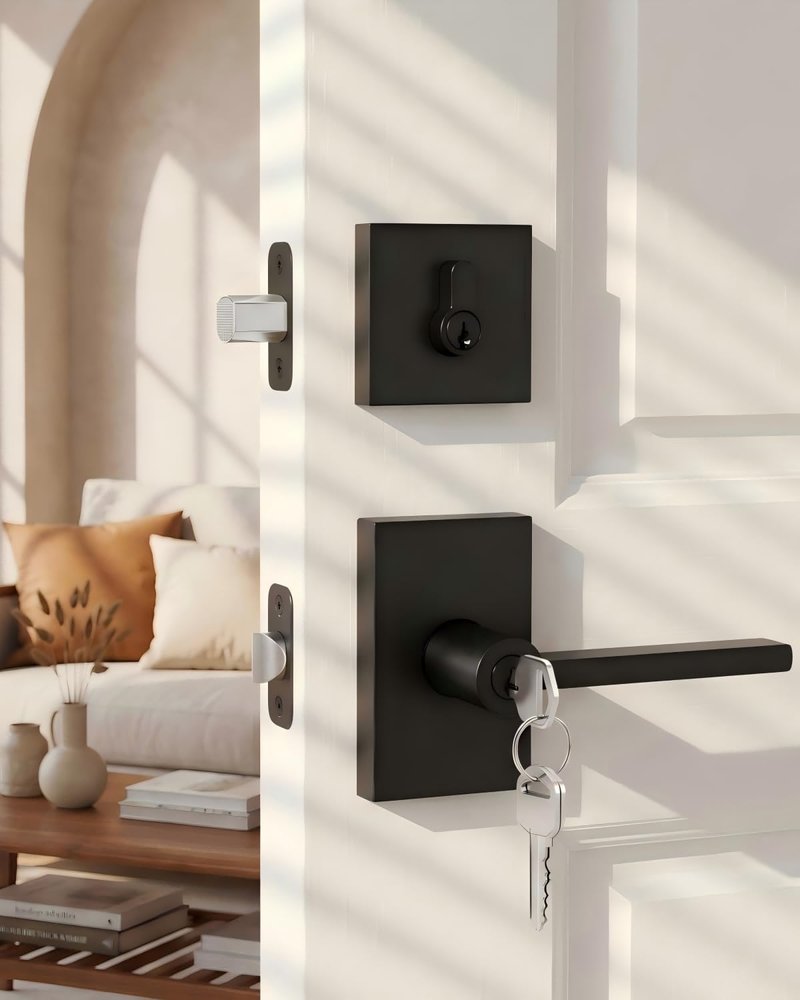 Goldenwarm Matte Black Entry Door Handle and Deadbolt Set, Heavy Duty Zinc Alloy Black Exterior Door Handle - Front Door Lock Set for Exterior Doors, Left-Right Universal Door Lock, 1 Pack
