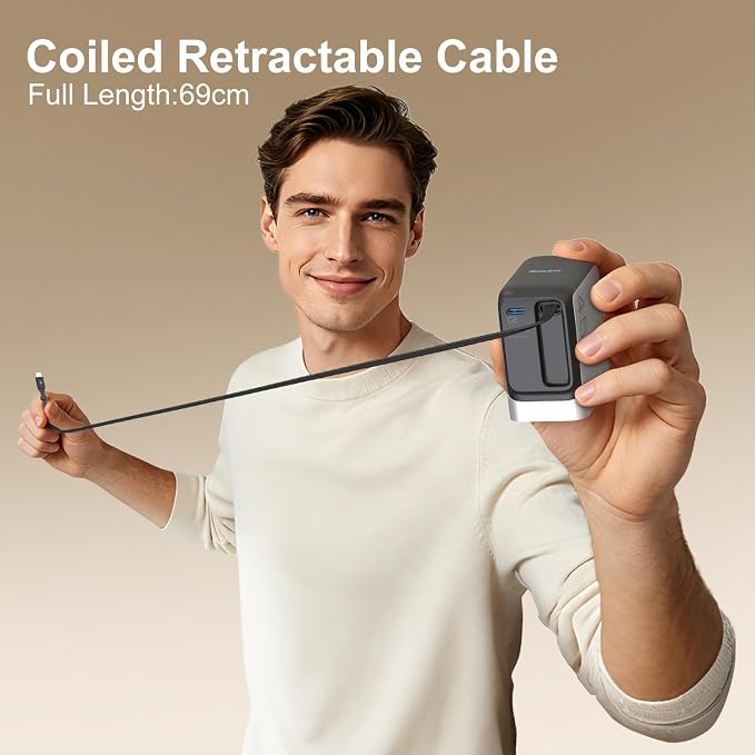 Retractable Charger 45W USB-C Charger GaN Fast Charger with 2.26ft Retractable Cable for iPhone 17/16/15/14/13 Series Galaxy S26/S25/24 Ultra Pixel iPad Space Silver