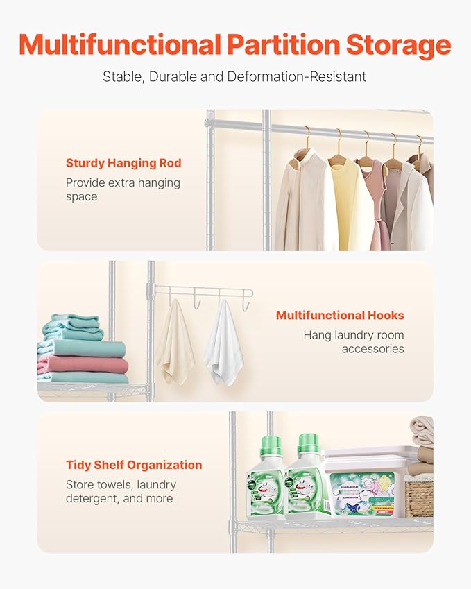 VEVOR Over The Washer and Dryer Storage Shelf, 5 Tier Laundry Room Drying Rack with Hanger Rod and Hooks, Adjustable Over Washer and Dryer Shelves, Laundry Room Shelf Storage Space Saver, White