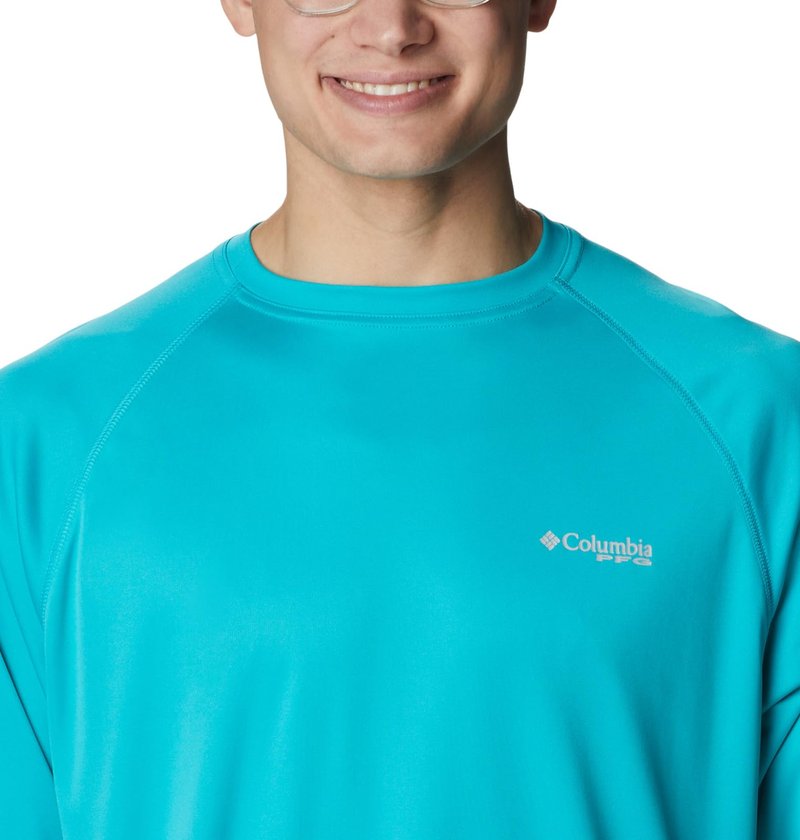 Columbia Men's Terminal Tackle Long Sleeve Shirt, Turquoise/Cool Grey Logo, X-Large Tall