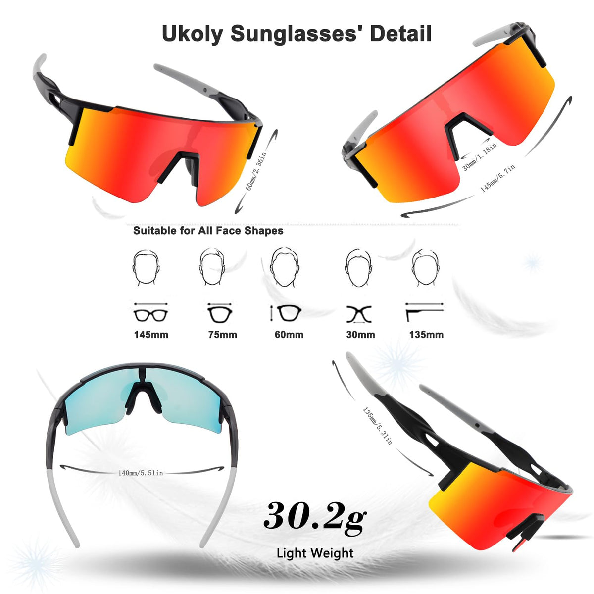 Ukoly Cycling Sunglasses for Men & Women - 3 Interchangeable Lenses, Polarized Sports Sunglasses