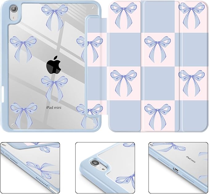 Case for iPad mini (A17 Pro 7th Generation) 2024/iPad Mini (6th Gen) 8.3 Inch with [Built-in Pencil Holder] Shockproof Cover with Clear Transparent Back Shell &amp Auto Wake/Sleep - Blue Bows