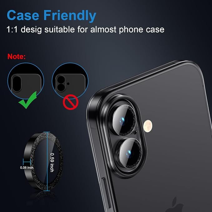 Korecase for iPhone 17/iPhone 16/iPhone 16 Plus Camera Lens Protector Bling 9H Tempered Glass Anti Scratch Camera Screen Protector Shockproof Film Metal Ring Lens Protector Glitter-Black