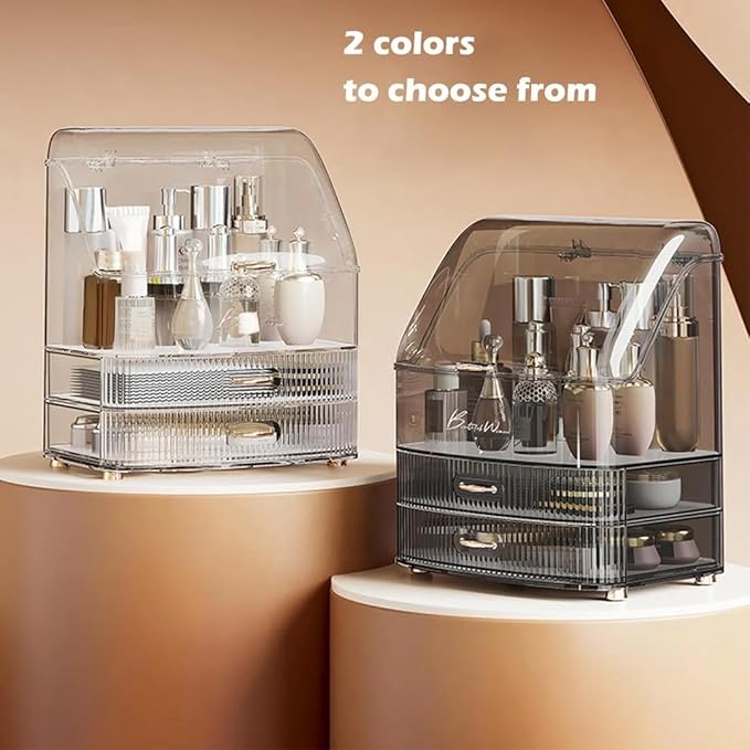 Clear Makeup Organizer Countertop with Drawers and Lid, Dustproof Organizers and Storage for Bathroom Vanity, Ideal for Cosmetic, Beauty Supplies -Black