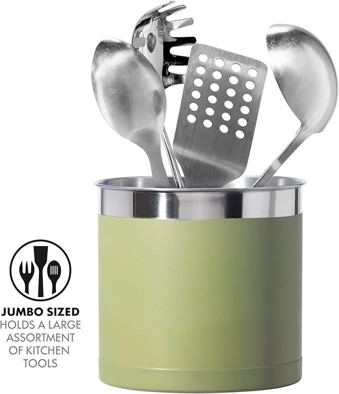 Oggi Stainless Steel Jumbo Utensil Holder - 7" Utensil Caddy, Weighted Base for Stability - Extra Large Utensil Crock and Countertop Utensil Organizer, Olive