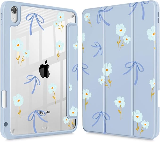Mektron Case for 2026 iPad Air 11 inch M4 8th (M3 2025 7th /M2 2024 6th) Compatible with iPad Air 10.9 (2022 5th Gen /2020 4th Gen) Shockproof Clear Shell Blue Bows &amp Flowers