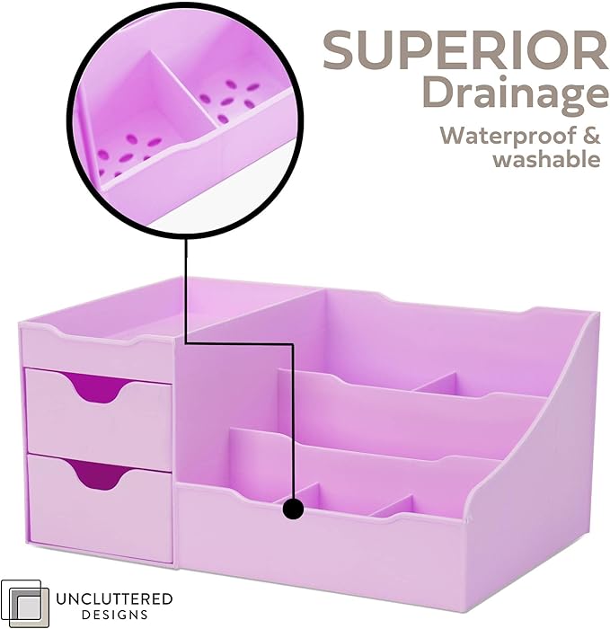 Uncluttered Designs Makeup Organizer With Drawers - Modern Countertop Storage for Cosmetics - Chic Vanity Holder for Perfume, Skincare, Brush, Lipstick, Nail Polish Organization & Display (Purple)