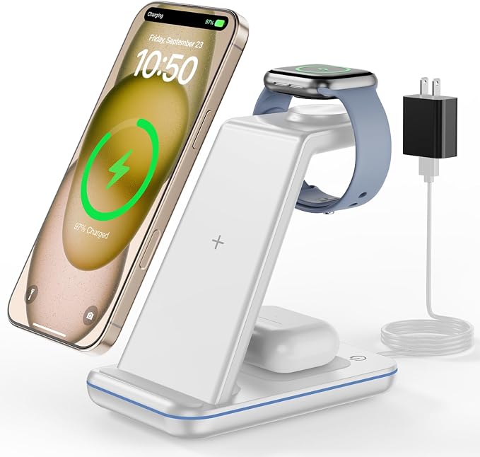 Wireless Charger Stand CIYOYO 3 in 1 Fast Wireless Charging Station Dock for Apple Watch 11/9/8/7/6/SE/5/4/3/2 Airpods 3/2/Pro iPhone 17/16/15/14/14 Plus/14 Pro Max/13/13 Pro/12/12 Pro/SE/X/XR/XS/8