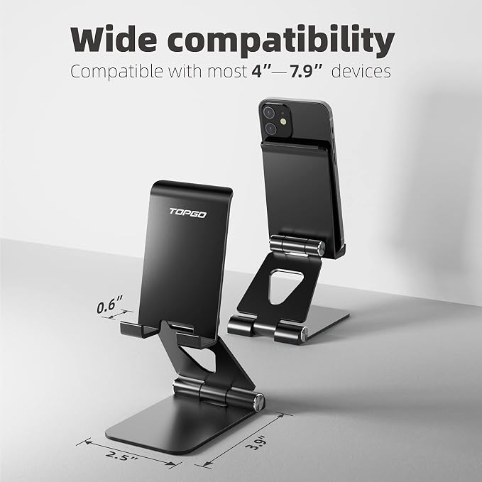 Cell Phone Stand [Stable &amp Height Adjustable] Foldable Cellphone Holder for Desk Office Desktop Bedside Table Compatible with iPhone 14/Smartphones/iPad Mini (Black)