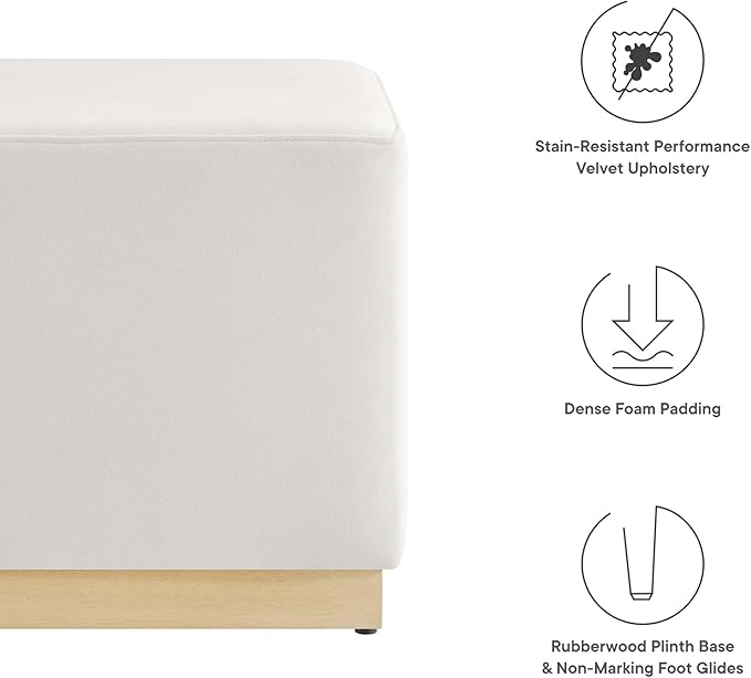 Modway Tilden 17 Inch Square Performance Velvet Upholstered Ottoman in Alabaster Natural - Small Ottoman Foot Rest with Rubberwood Plinth Base - Living Room Ottoman Side Table,
