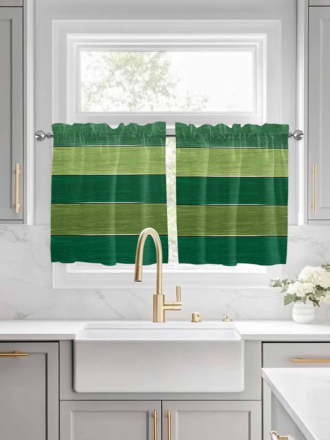 Farm Retro Green Wood Grain Window Valance Curtains, Rustic Wooden Plank