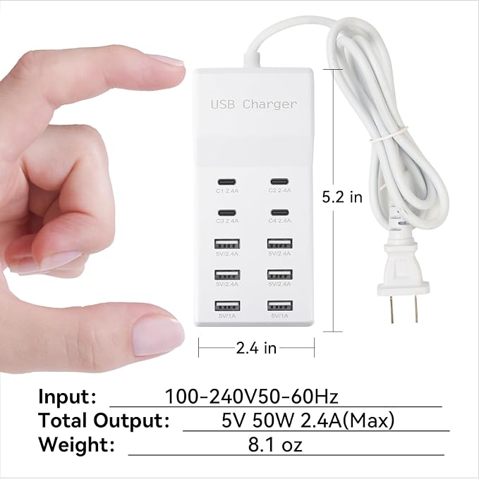 USB Charging Station with 6 USB-A and 4 USB-C Ports 50W 10A USB Charger Block for Smart Phone Tablet Laptop Multiple Devices - USB Power Strip with Auto-Detect Technology