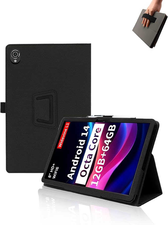 Case for Topsand M8 Android 14 Tablet 8 inch TabletsUYRUREL Leather Slim Folding Stand Cover with Hand Strap Magnet for Men Women Full ProtectionBlack.