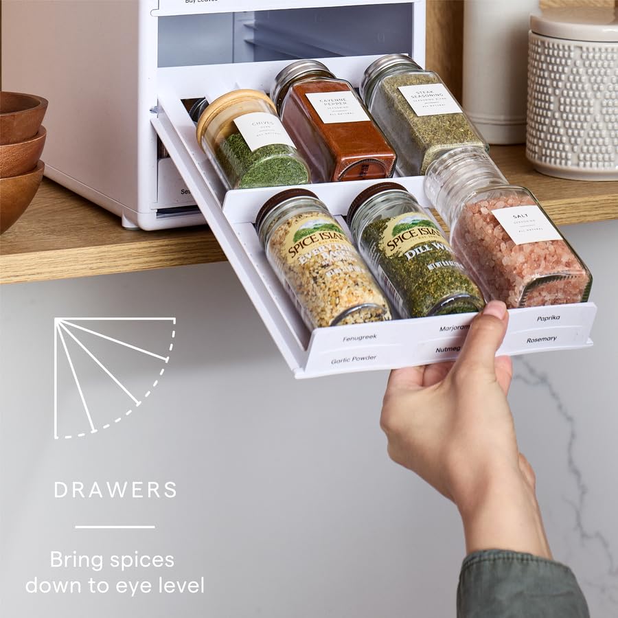 YouCopia SpiceStack,18-Bottle Adjustable Spice Rack Organizer, Pull-Out Seasoning Holder for Kitchen Cabinet and Pantry Storage with 104 Labels and Adjustable Dividers, Speckled White - style: 18-Bottle