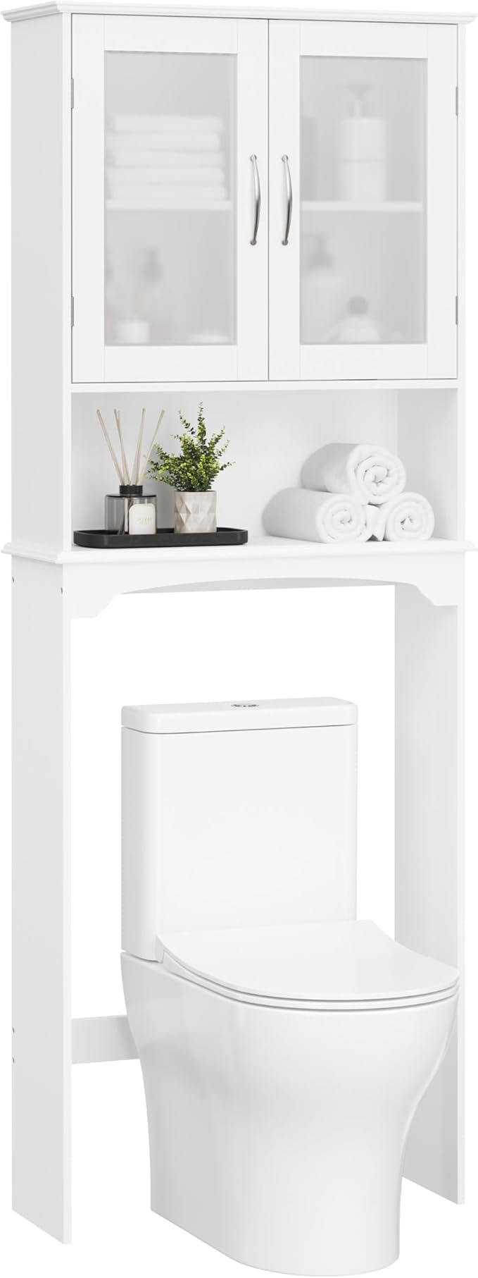 Yaheetech Over The Toilet Storage Cabinet with Double Tempered Glass Doors and Adjustable Shelf, Freestanding Bathroom Storage Rack, 66 Inches Height