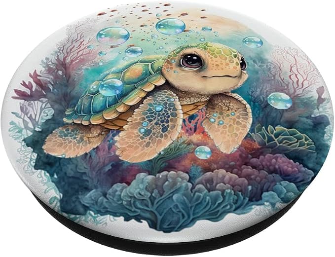 Cute Kawaii Baby Sea Turtle in The Ocean PopSockets Adhesive PopGrip