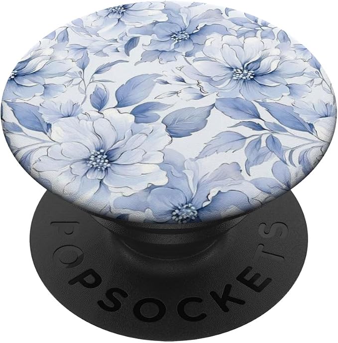 Blue White Floral Illustration Print PopSockets PopWallet for MagSafe