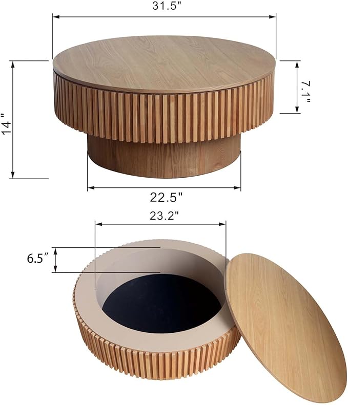 31.5'' Small Round Coffee Table with Storage, Fluted Coffee Table with Solid Wood Veneered, Mid Century Modern Wooden Center Table, Accent Tea Table for Small Space Living Room Apartment, Natural