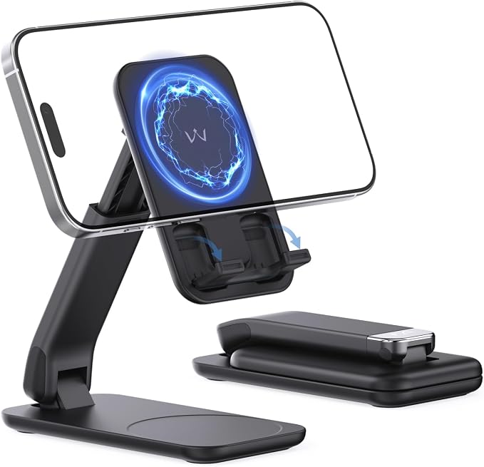 iWALK Magnetic Cell Phone Stand for Desk Angle and Height Adjustable Mobile Phone Holder Foldable Magnet Stand for iPhone 17 16 15 14 13 12 Pro Max and iPad Cell Phone Holder for Samsung Black