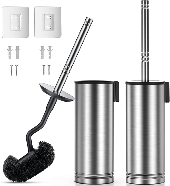 HAMITOR Toilet Brush and Holder Set Under Rim Deep Cleaning Curved Bristle