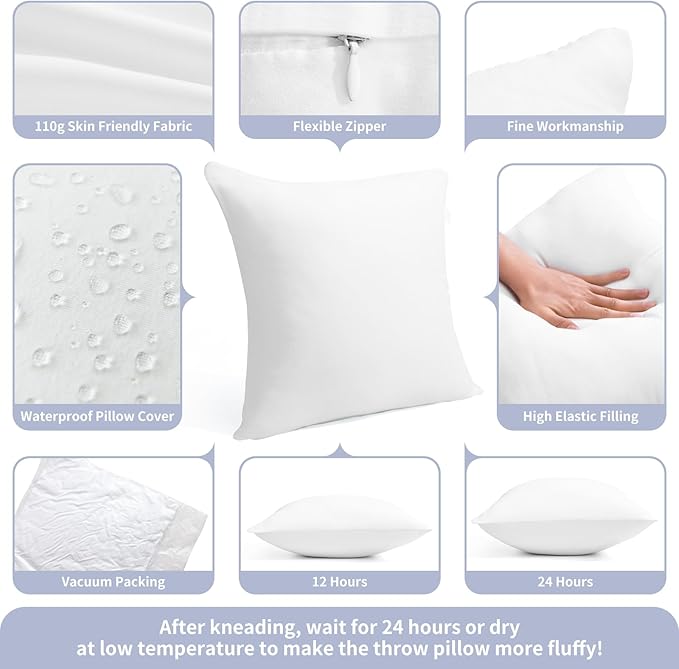18 x 18 Outdoor Pillow Inserts Medium Throw Pillow Inserts Pack of 2 Water Resistant Patio Furniture Pillows Decorative Porch Couch Pillows Premium Square Sofa Pillow, White