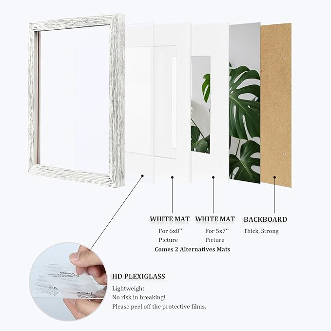 Egofine 9x12 Picture Frames Made of Solid Wood with Plexiglass, Display Pictures 5x7/6x8 with Mat or 9x12 Without Mat for Tabletop and Wall Mounting, Driftwood White