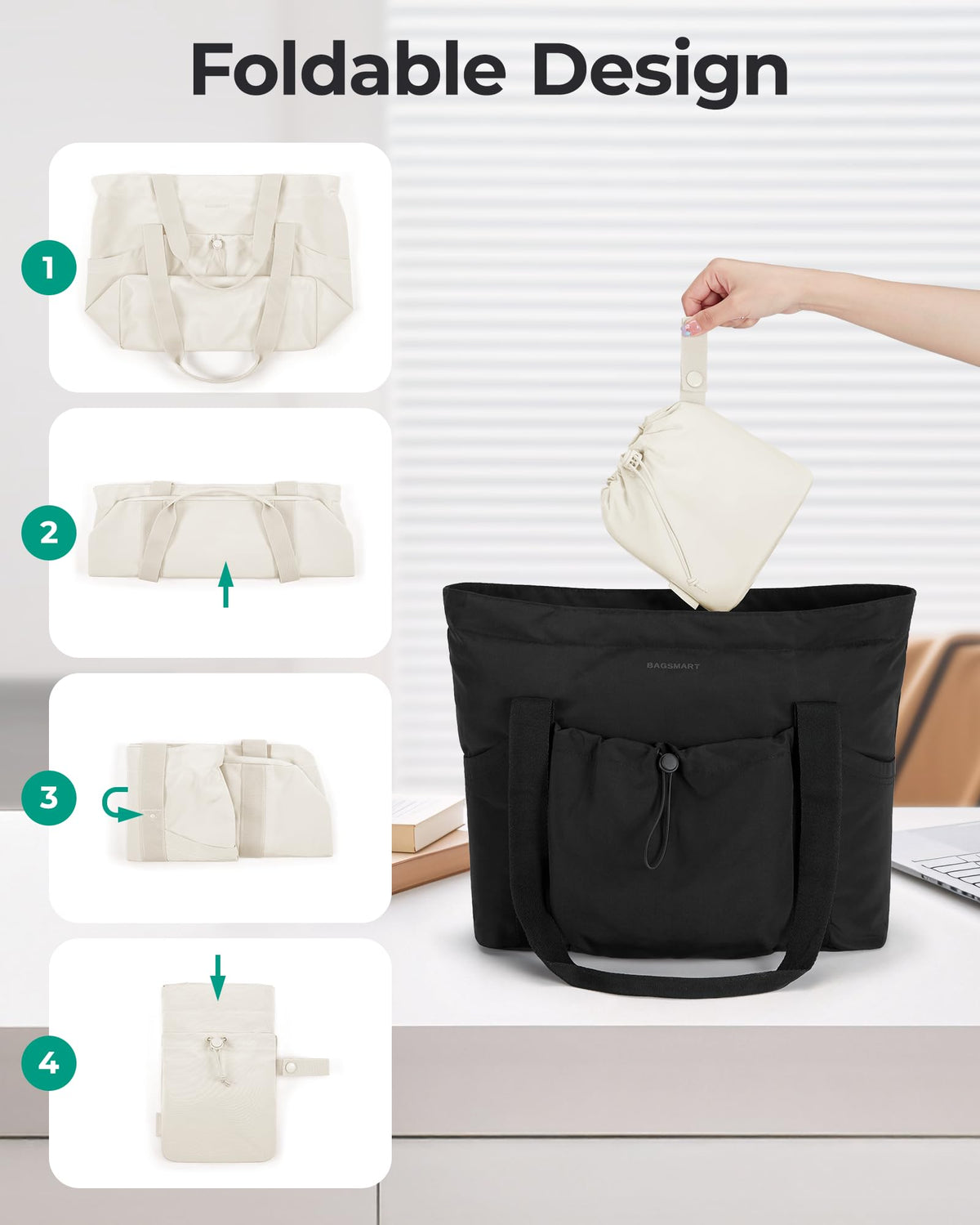 BAGSMART Foldable Tote Bag with Drawstring Bag, Large Tote Bag Shoulder Bag Top Handle Handbag for Travel, Work, Beach, Gym