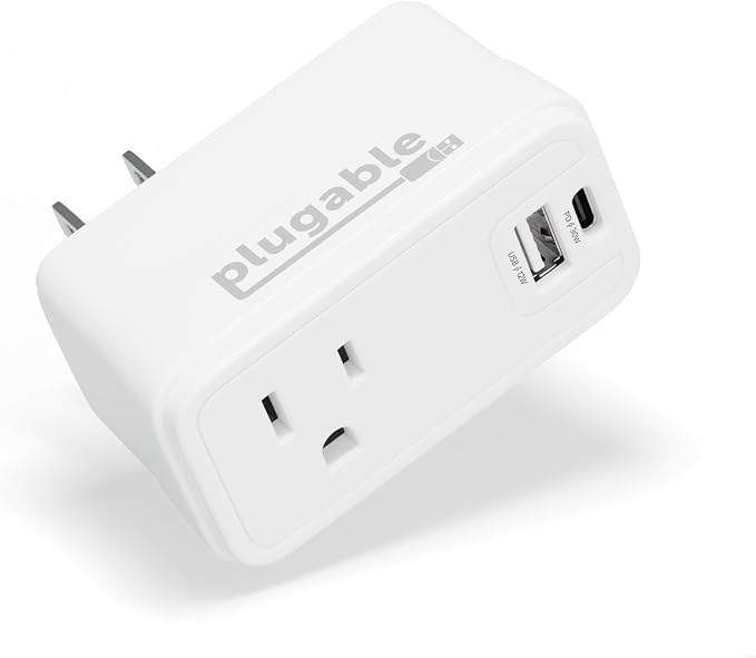 Plugable Outlet Extender with USB-C &amp USB-A Fast Charging - Wall Charger Block for iPhone 15/16. Pass-Through Design Travel &amp Office