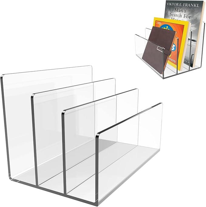 Boloyo Acrylic File Holder,1PC 3 Sections Clear File Organizer Mail Letter Sorter Desktop Folder Holder for Home Office School Envelope Bill Filling Paper Document