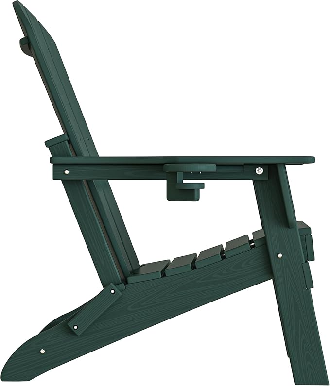 Plawdlik Folding Adirondack Chair, SGS Tested, Wooden Textured with Cup Holder, Heavy All-Weather HDPE Comfortable Set Poolside Backyard Lawn Green Set 2