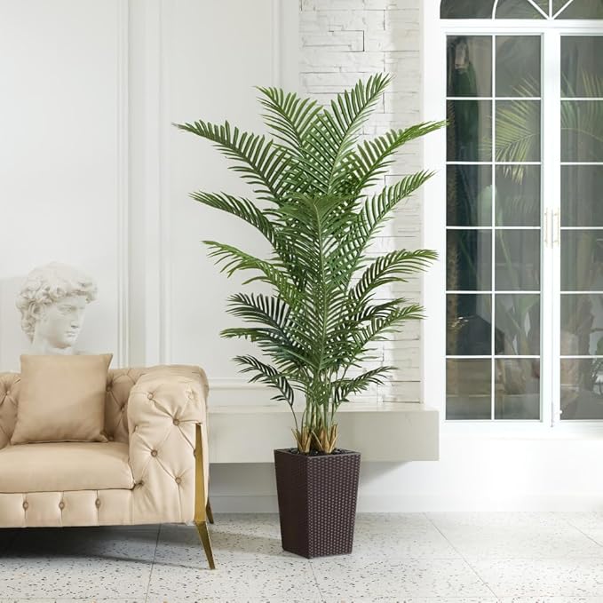 6FT Artificial Palm Tree - Tall Fake Tree with Brown Taper Planter & Pebbles, UV Resistant for Indoor & Outdoor Decor - Large Potted Faux Plant for Living Room, Office, Home Decor,VN130