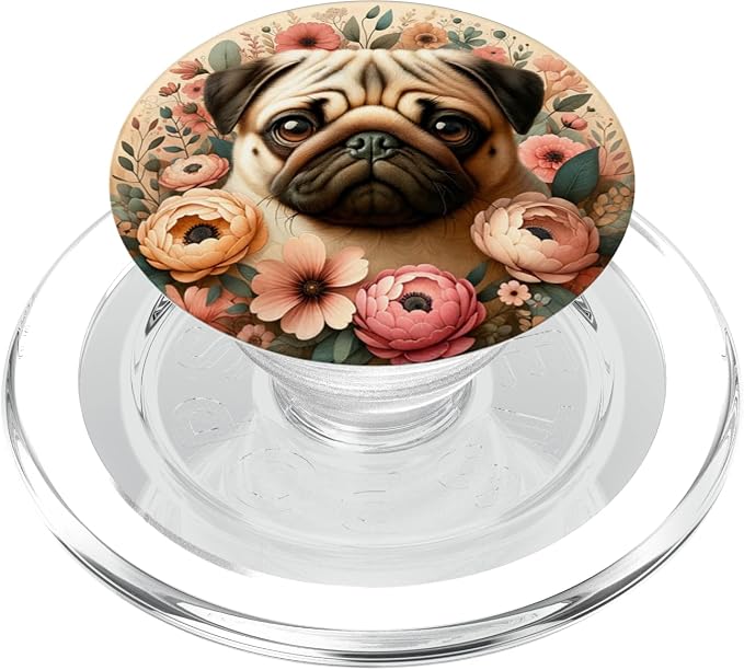 Pug Cute Dog Flowers Boho Cute Puppy Dog Lover PopSockets PopGrip for MagSafe