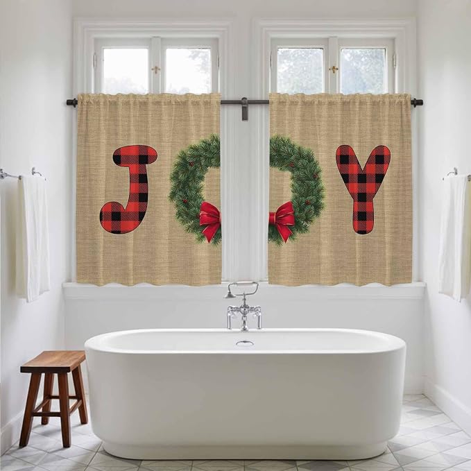 Red Green Christmas Kitchen Curtains 54 Inch Long 2 Panel Set, Rod Pocket