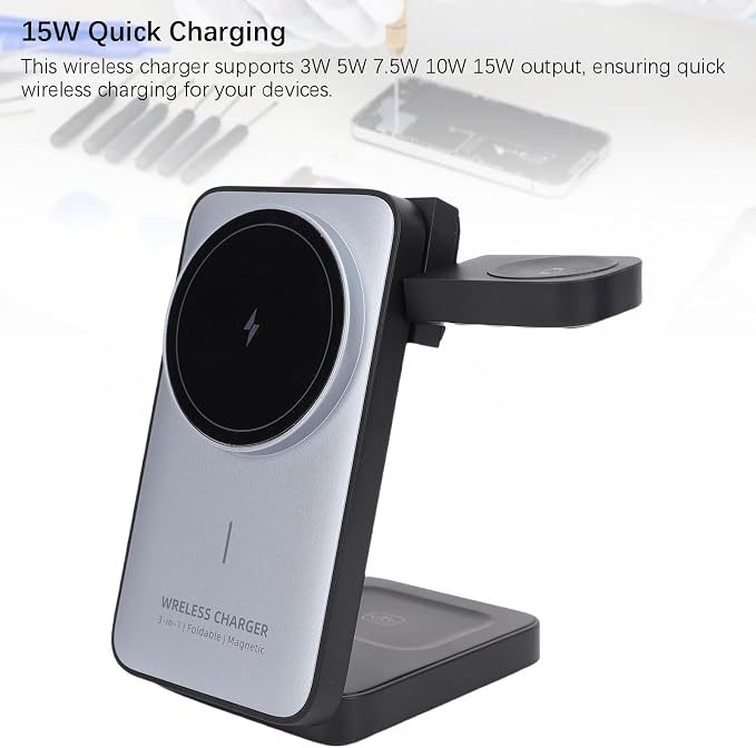 Wireless Charging Station 3 in 1 15W Fast Charging Station Foldable Magnetic Portable Charger Base for Phone Watch &amp Earbuds Ideal for Travel