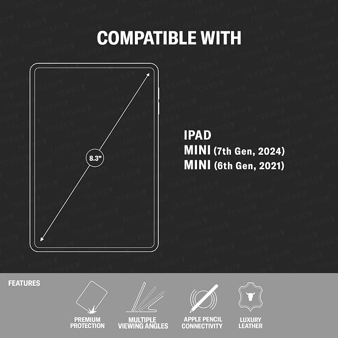 TORRO Case Compatible with iPad mini 7/6 – Genuine Leather iPad mini 7th / 6th Generation (2024/2021) Cover with Stand Function Apple Pencil Connectivity and Wake Sleep Function (Black)