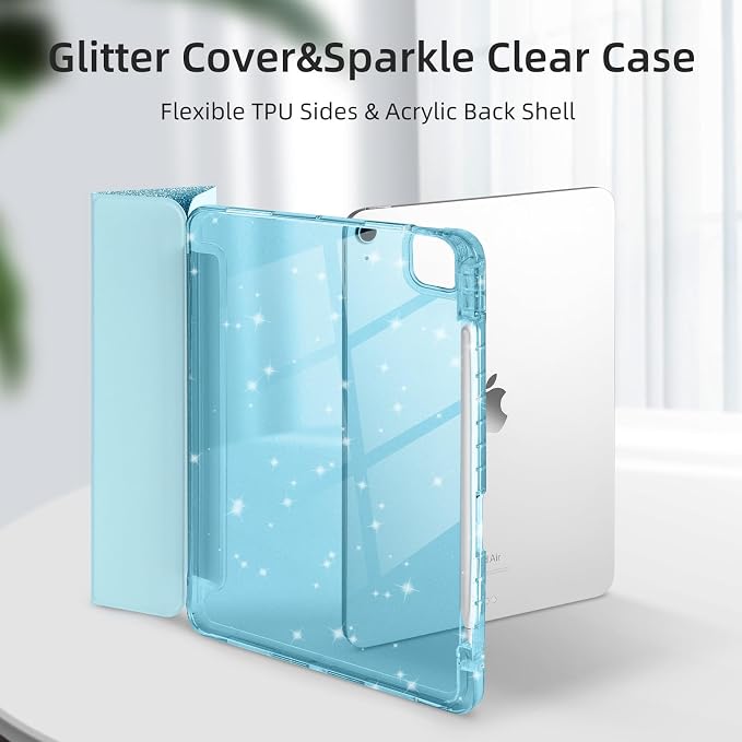 Case for iPad Air 13 Inch (M4/M3/M2 2026/2025/2024) &amp iPad Pro 12.9 6/5th Gen (2022/2021) Glittering Sparkly Cover with Shiny Clear Back Shell Trifold Stand Case with Pencil Holder Black