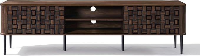 LuxenHome TV Stand for Living Room up to 80'' TVs, 71" Mid Century Modern Dark Oak Finish Wood with Basket Weave Design Entertainment Center with Storage, Media Console TV Console Cabinet for Entryway