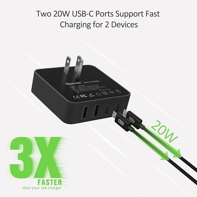 Nekmit USB C Charger Fast Thin Flat 52W 4-Port Wall Charger with Two 20W Power Delivery and 2 USB Port for iPhone 14/14 Pro/14 Pro Max Galaxy Pixel iPad Pro AirPods Pro and More Upgraded