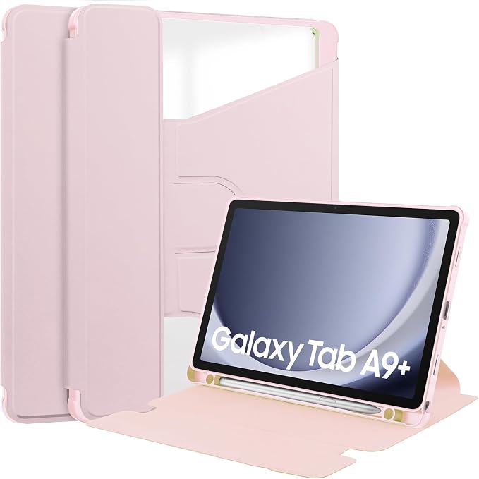 Tablet Case for Samsung Galaxy TAB A9+/A9 Plus with S Pen Holder 360° Swiveling Stand Shockproof Cover with Clear Transparent Back Shell Auto Wake/Sleep (Black Galaxy Tab A9 Plus)